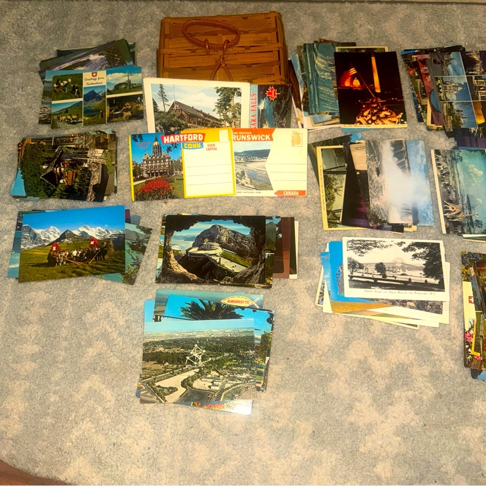 Lot of Antique Postcards & Basket * Used & Unused * 80 Unused / 30 Used